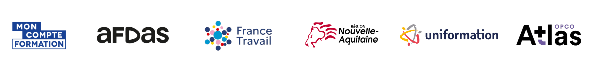 Logos des organismes de financement partenaires des formations Audiocamp : CPF, AFDAS, Atlas, France Travail.